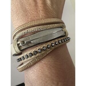 Gold Tone Crystal Feather Wrap Bracelet 7 Inch Boho Festival Layered Statement